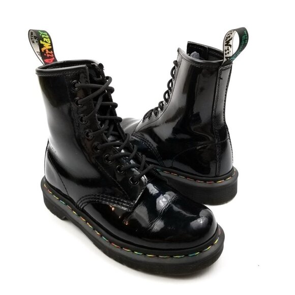 RARE Dr. Martens Rainbow Holographic Patent Leather Combat Boots 5 Black Grunge - Picture 9 of 11